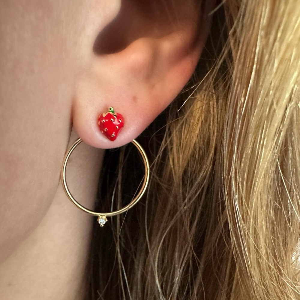 Tiny Strawberry Ear Jackets, Gold Ear Cuff, Dainty Circle CZ Hoops, Gift for her